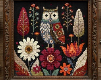Folk Art Owl Cross Stitch Pattern PDF | Autumn Floral Sampler | Scandinavian Style Bird | Cottagecore Embroidery Design