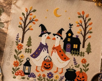 Halloween Goose Cross Stitch Pattern PDF, Witch Goose Embroidery, Cute Halloween Ducks, Cottagecore Halloween Counted Cross Stitch Pattern