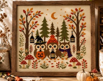 Autumn Owl Cross Stitch Pattern PDF, Cute Fall Owl Trio, Halloween Owl Embroidery, Woodland Counted Cross Stitch Pattern