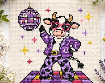 Disco Cow Cross Stitch Pattern PDF | Funny Cow Embroidery Pattern | Retro Disco Animal | Cute Farm Cross Stitch