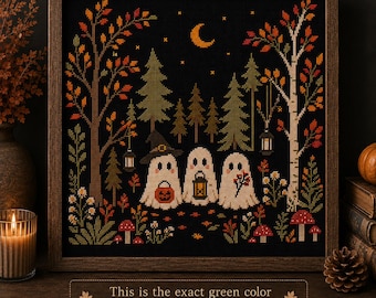 Woodland Ghost Cross Stitch Pattern PDF | Forest Halloween Embroidery | Cute Autumn Ghost Sampler | Cottagecore Cross Stitch Pattern