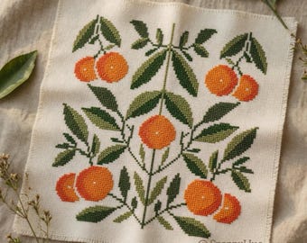 orange cross stitch pattern, fruit cross stitch , mediterranean cross stitch pattern, botanical pattern