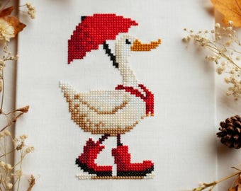 Goose with Umbrella Cross Stitch Pattern, Rainy Day Animal Design , red goose pattern(PDF Download)