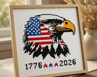 America 250th Anniversary Cross Stitch Pattern,Patriotic Eagle Primitive Sampler,1776-2026 USA Digital PDF Chart,4th of July Embroidery