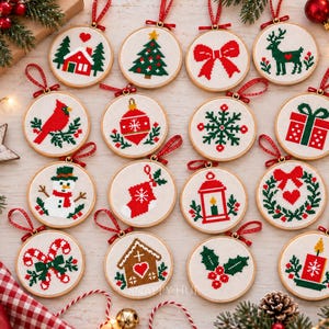 May include: A collection of sixteen circular cross-stitch ornaments featuring holiday motifs including a house, Christmas tree, bow, reindeer, cardinal, ornament, snowflake, gift, snowman, stocking, lantern, wreath, candy canes, gingerbread house, holly, and candle.