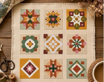 Vintage Quilt Blocks Cross Stitch Pattern PDF | Farmhouse Sampler Embroidery Design | Autumn quilt Cottagecore Needlework