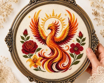 Magic Fire Phoenix Cross Stitch Pattern PDF | Celestial Sun Phoenix Embroidery Design | Gothic Fantasy Bird