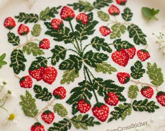 Strawberry Cross Stitch Pattern PDF, Folk Art cross stitch, Cottagecore Berry Design, Scandinavian Floral Needlework design, fruit cross