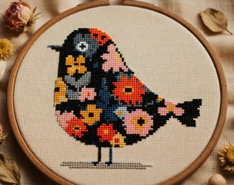 Spring flower Bird Cross Stitch Pattern PDF - Instant Download, Floral Songbird Embroidery, Cozy Tiny Blooming Birdie, Cute Woodland Animals