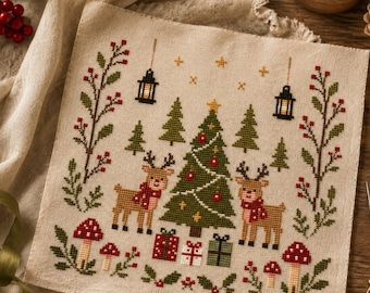 Christmas Reindeer Cross Stitch Pattern PDF, Nordic Christmas Tree Embroidery, Folk Art Christmas Counted Cross Stitch Pattern