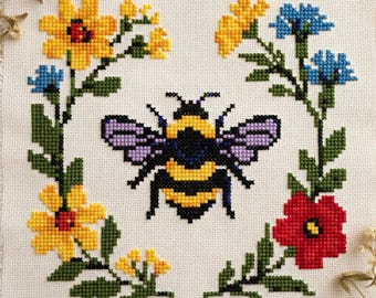 Bee and Flower Cross Stitch Pattern PDF, Cute Honey Bee Floral Embroidery Design, Nature Modern Cross Stitch, Wildflower Embroidery