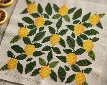 Lemon with Mediterranean Tile Cross Stitch Pattern PDF Instant Download – Citrus Fruit for Kitchen