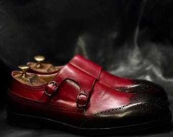 Handcrafted Burgundy Leather Double Monk Strap Shoes – Patina Brogues For Men