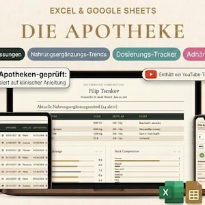 May include: A digital spreadsheet template titled DIE APOTHEKE for Excel and Google Sheets, displayed on a laptop, tablet, and smartphone. The interface features data trackers for supplements, dosage logs, and health protocols with various icons.