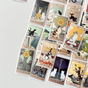 May include: A collection of tarot cards featuring various cat illustrations. The cards include titles such as Three of Pentacles, Ten of Pentacles, The Empress, Six of Cups, Five of Pentacles, Knight of Pentacles, Page of Wands, and The Fool.