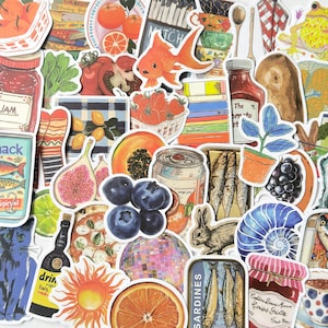 May include: A collection of assorted stickers featuring illustrations of fruits, vegetables, canned goods, a goldfish, a rabbit, a disco ball, a cat, and various food items, all arranged in a dense, overlapping collage on a white background.