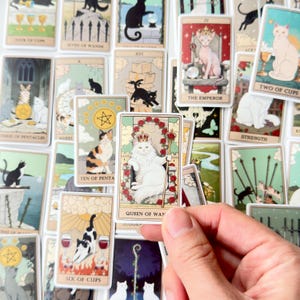 May include: A collection of tarot cards featuring cat illustrations, including the Queen of Wands card held in the foreground. Each card displays unique feline imagery, titles like The Emperor and Ten of Pentacles, and various artistic scenes with cats.