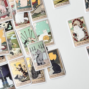 May include: A collection of rectangular tarot cards featuring illustrations of various cat breeds in different settings. Each card displays a unique scene with a cat, including titles like The Emperor, Strength, Queen of Wands, and Six of Swords.