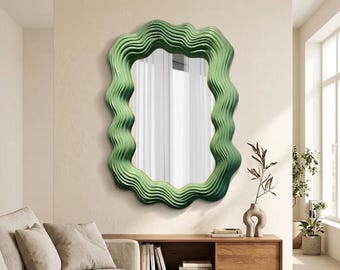 Irregular Wavy Wall Mirror, Asymmetrical Green Statement Mirror, Scalloped Organic Art Mirror, Aesthetic Living Room Bedroom Decor, LED