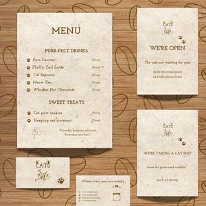 Peut inclure: Kit de branding Cat Cafe avec un menu, un panneau « ouvert » et des modèles de cartes de visite. Le menu propose des boissons comme Purr-Caccino et Meow Tea, et des douceurs. Le panneau « ouvert » affiche les horaires. Kit modifiable Canva.