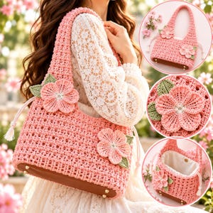 Könnte beinhalten: Eine rosa gehäkelte Handtasche mit offenem Webmuster, einem festen braunen Boden mit Metallfüßen und zwei großen gehäkelten rosa Blumen mit grünen Blättern auf der Vorderseite. Die Tasche hat einen Kordelzug und ein weißes Innenfutter.