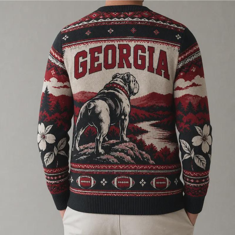 Georgia Holiday Sweater, Bulldog and Winter Forest Graphic Printed Knit ...