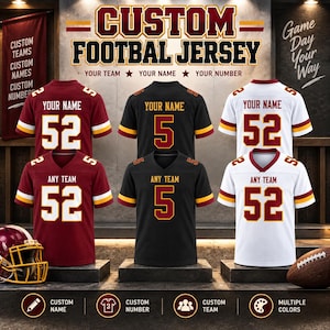 May include: Six custom football jerseys in burgundy, black, and white with short sleeves and V-necks. Each jersey displays the text 'YOUR NAME' or 'ANY TEAM' and the numbers '52' or '5'. The background features the text 'CUSTOM FOOTBAL JERSEY'.