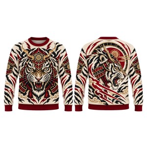 May include: A long-sleeve crewneck sweater featuring a cream base with a graphic print of a tiger wearing samurai armor. The design includes red, black, and gold accents, with a front-facing tiger head and a side-profile tiger head on the back.