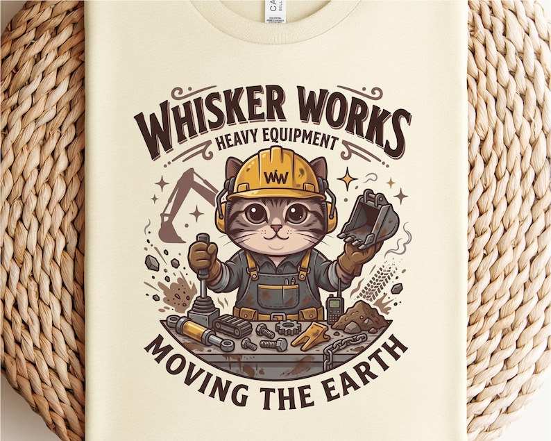 May include: Cream-colored t-shirt featuring a cartoon cat wearing a yellow hard hat and overalls, operating heavy equipment. The text "Whisker Works Heavy Equipment Moving the Earth" is arched above and below the cat illustration.