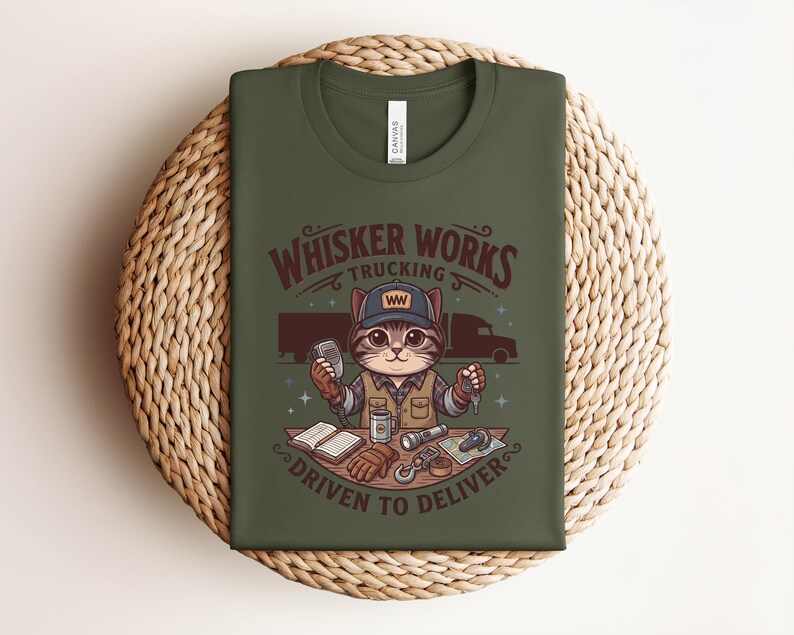 May include: Dark green t-shirt with a cartoon cat trucker design. The text reads "Whisker Works Trucking" and "Driven to Deliver". The cat is depicted with a cap, microphone, and keys, alongside a truck and other trucking-related items.