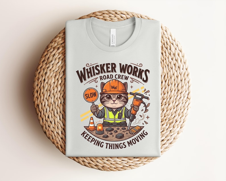 May include: Pale grey t-shirt featuring a cartoon cat in a construction worker's outfit. The cat holds a "SLOW" sign and a jackhammer. Text reads "WHISKER WORKS ROAD CREW" and "KEEPING THINGS MOVING".