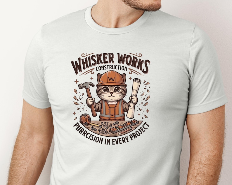 Puede incluir: Camiseta blanca con un gato de dibujos animados con casco y chaleco de trabajador de la construcci&oacute;n, sosteniendo un martillo y planos. El dise&ntilde;o incluye el texto "Whisker Works Construction" y "Purrcision in Every Project".