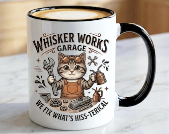 Whisker Works Garage Mug | Mechanic Cat Coffee Mug, Car Lover Gift, Auto Shop Gift Idea, Cute Cat Mug, Gift for Dad, Cat Lover Mug