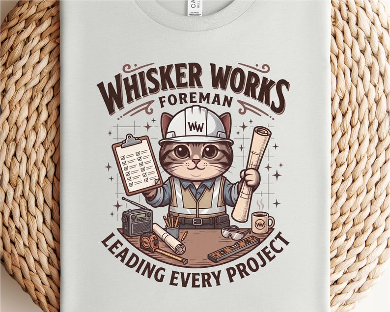 May include: A light gray t-shirt featuring a cartoon cat dressed as a foreman. The cat wears a hard hat and holds a clipboard and rolled blueprints. Text reads "Whisker Works Foreman Leading Every Project."