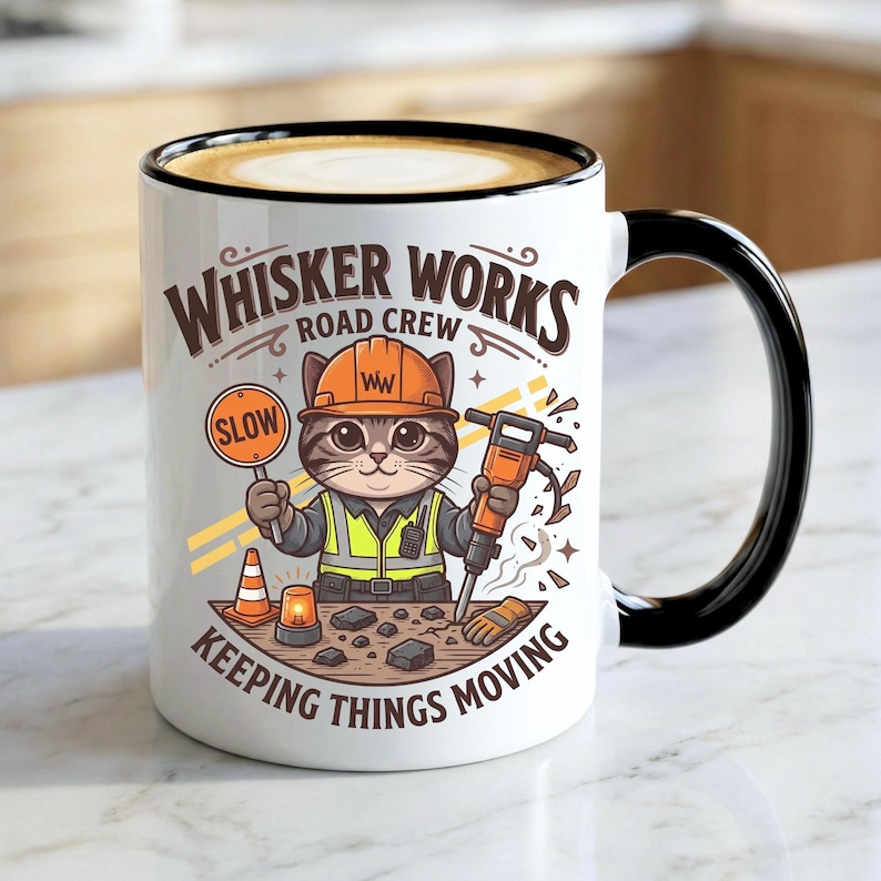 Whisker Works Road Crew Mug | Road Construction Cat Coffee Mug, Funny Road Worker Gift, Keeping Things Moving Mug image 1