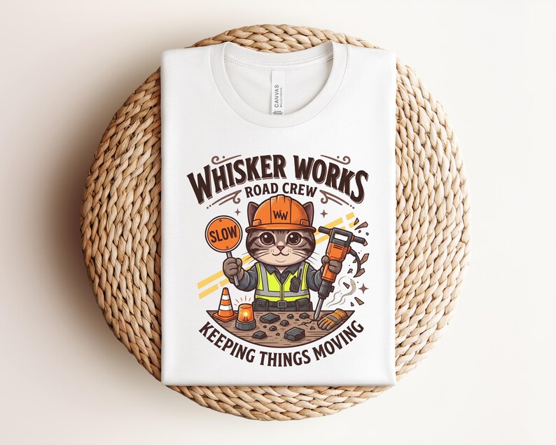 May include: White t-shirt with a cartoon cat in a construction worker outfit, holding a "SLOW" sign and a jackhammer. The shirt has the text "WHISKER WORKS ROAD CREW KEEPING THINGS MOVING". The design includes an orange traffic cone and a flashing light.