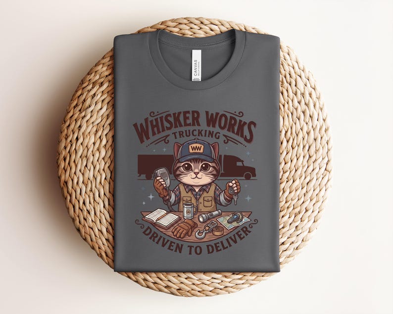 May include: Dark grey t-shirt with a cartoon cat trucker design. The text reads "Whisker Works Trucking" and "Driven to Deliver." The cat is depicted in a trucker hat, holding a CB radio and keys. The design includes a lorry and trucking-related accessories.