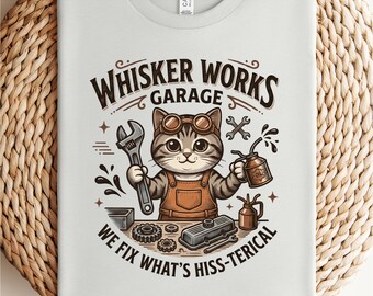 Whisker Works Garage Cat Tee | Mechanic T-shirt, Car Enthusiast Gift, Cute Cat T-shirt