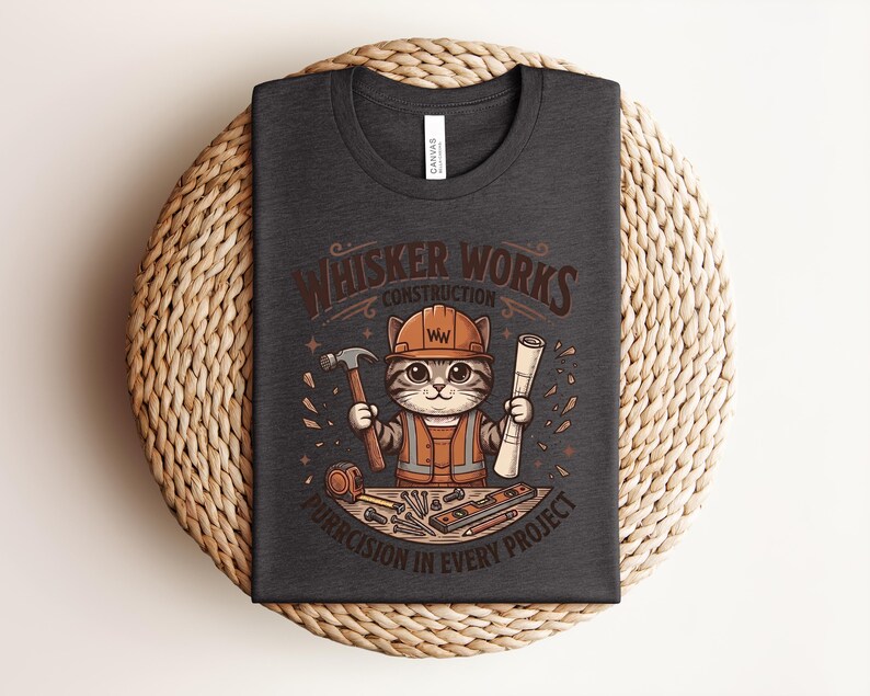 Puede incluir: Camiseta gris oscuro con un gato de dibujos animados con un atuendo de trabajador de la construcci&oacute;n y un casco. La camiseta tiene el texto "Whisker Works Construction" y "Purrcision in Every Project". El gato sostiene un martillo y un plano.