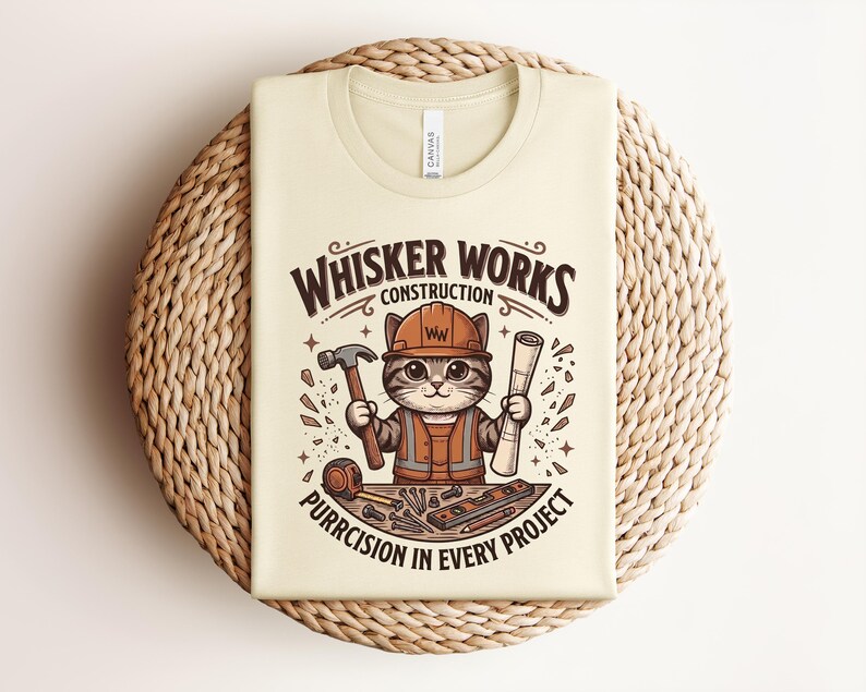 Puede incluir: Camiseta color crema con un gato de dibujos animados con un atuendo de trabajador de la construcci&oacute;n. El gato sostiene un martillo y un plano, con el texto "Whisker Works Construction" y "Purrcision in Every Project". La camiseta est&aacute; doblada sobre una estera tejida.