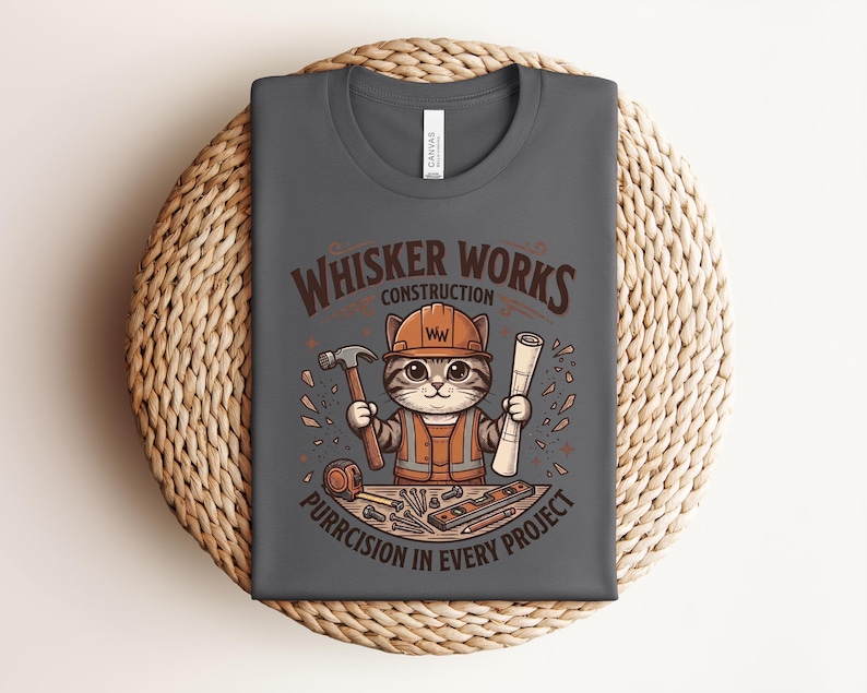 Puede incluir: Camiseta gris oscuro con un gato de dibujos animados con un atuendo de trabajador de la construcci&oacute;n, sosteniendo un martillo y planos. La camiseta dice "Whisker Works Construction" y "Purrcision in Every Project."