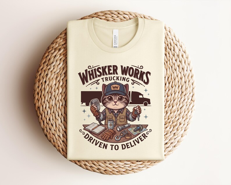 May include: Cream-coloured t-shirt with a cartoon cat trucker design. The text reads "Whisker Works Trucking" and "Driven to Deliver." The cat wears a trucker hat and holds a microphone and keys. A semi-truck is in the background.