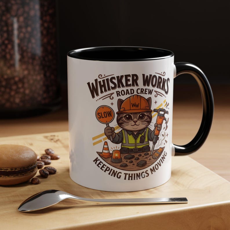 Whisker Works Road Crew Mug | Road Construction Cat Coffee Mug, Funny Road Worker Gift, Keeping Things Moving Mug image 4
