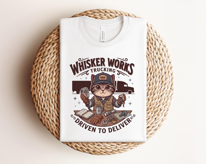May include: White t-shirt with a cartoon cat trucker design. The text reads "Whisker Works Trucking" and "Driven to Deliver". The cat is wearing a cap and holding a CB radio and keys. The design includes a truck and trucking-related items.