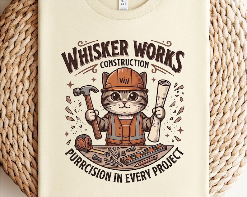 Puede incluir: Camiseta color crema con un gato de dibujos animados con un atuendo de trabajador de la construcci&oacute;n. El gato sostiene un martillo y un plano, con el texto "WHISKER WORKS CONSTRUCTION" y "PURRCISION IN EVERY PROJECT".