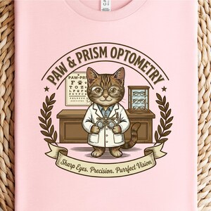 May include: Pale pink t-shirt with a cartoon cat optometrist wearing glasses and a lab coat. The design includes the text "PAW & PRISM OPTOMETRY" and "Sharp Eyes. Precision. Purrfect Vision." The cat is holding eyeglasses, with an eye chart and glasses display in the background.