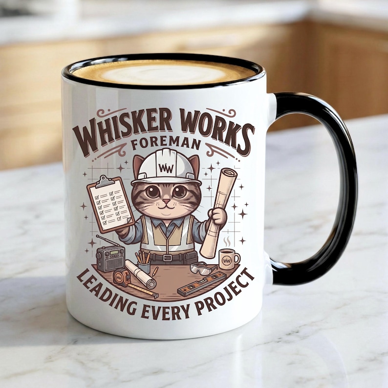Tasse pour contremaître de chez Whisker Works | Tasse à café chat contremaître, cadeau drôle de superviseur de construction, tasse pour diriger chaque projet, tasse à café pour entrepreneur image 1