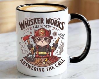 Whisker Works Fire Rescue Mug | Firefighter Cat Coffee Mug, Funny Firefighter Gift, Answering The Call Mug, First Responder Coffee Cup