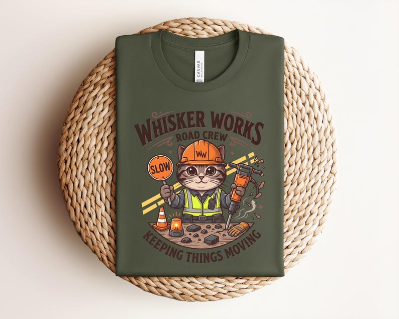 May include: Khaki green t-shirt with a cartoon cat dressed as a road worker. The cat holds a "SLOW" sign and a jackhammer. The shirt displays the text "Whisker Works Road Crew" and "Keeping Things Moving."