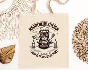 Chef Cat Tote Bag | Meowchelin Kitchen Canvas Tote, Foodie Gift